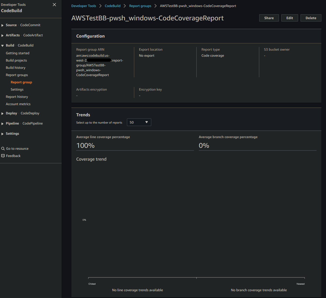 AWS CodeBuild PowerShell project Code Coverage results