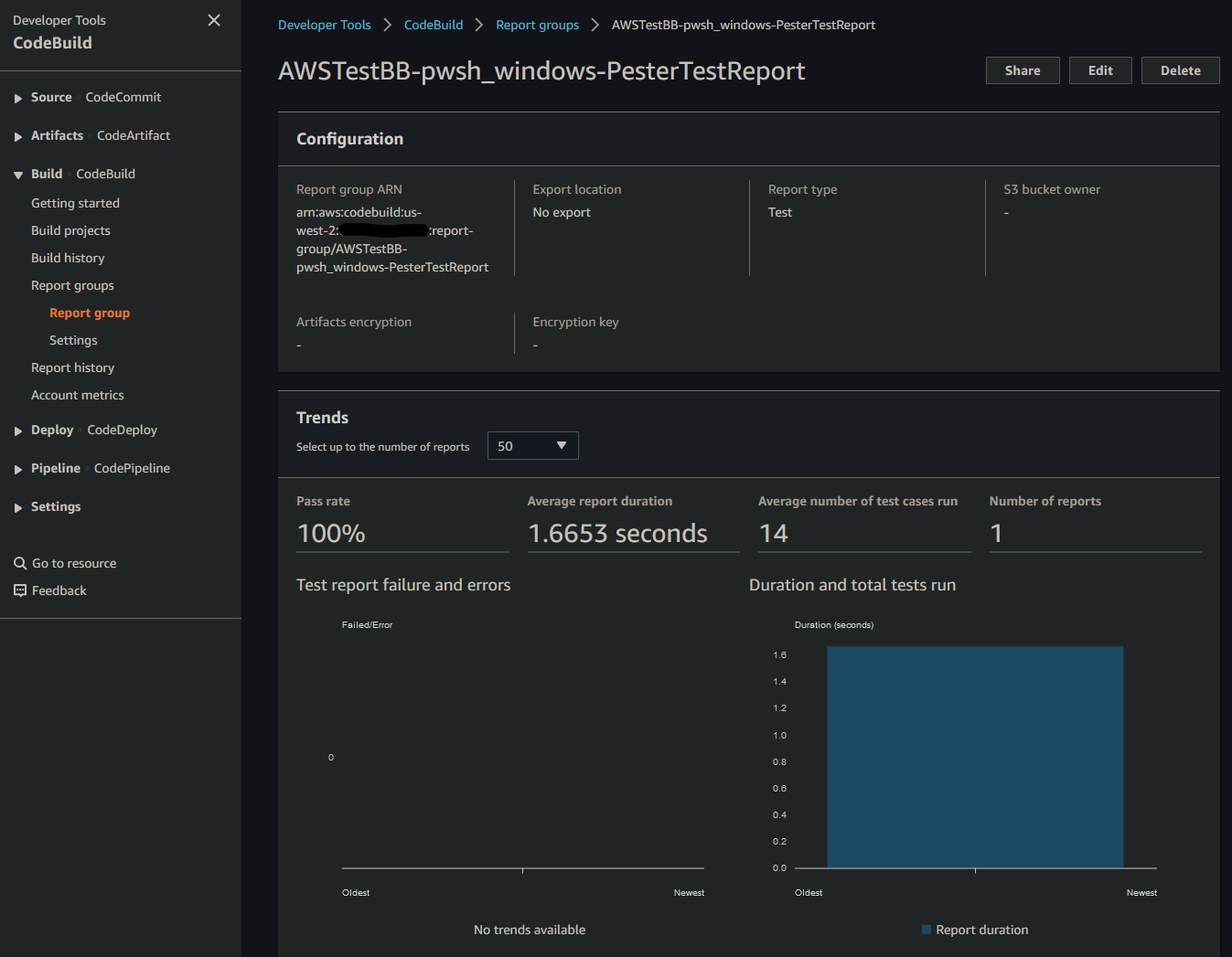 AWS CodeBuild PowerShell project Test results