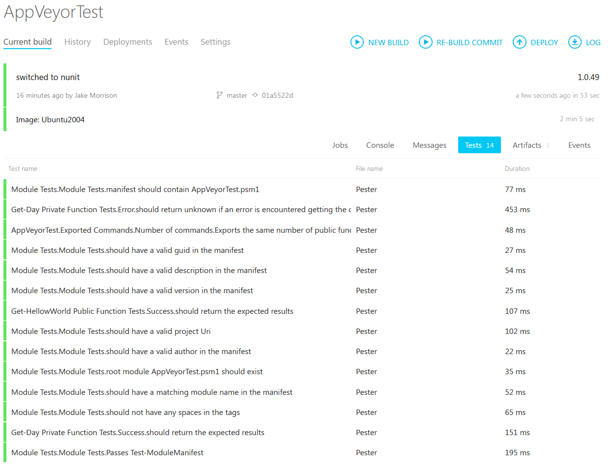 AppVeyor PowerShell project Test results