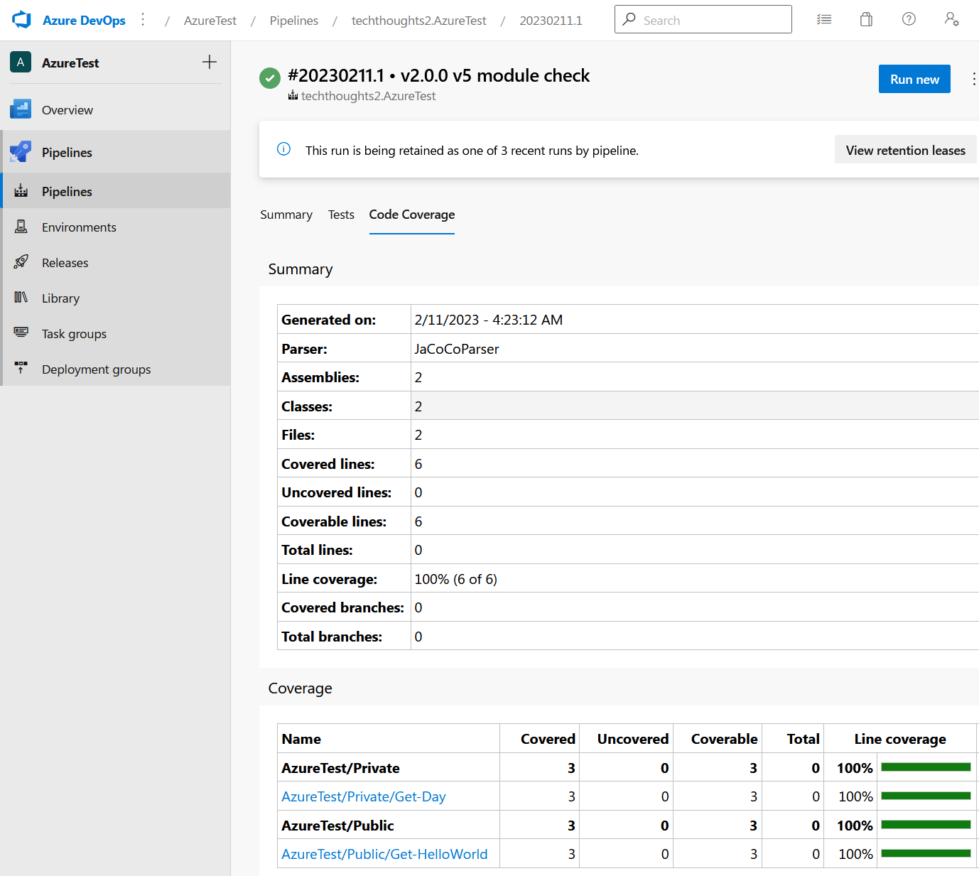 Azure Pipelines PowerShell project Code Coverage results