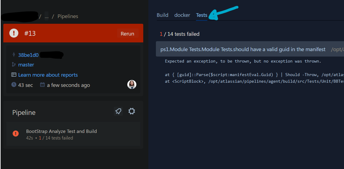 Bitbucket Pipelines PowerShell project failed Tests tab